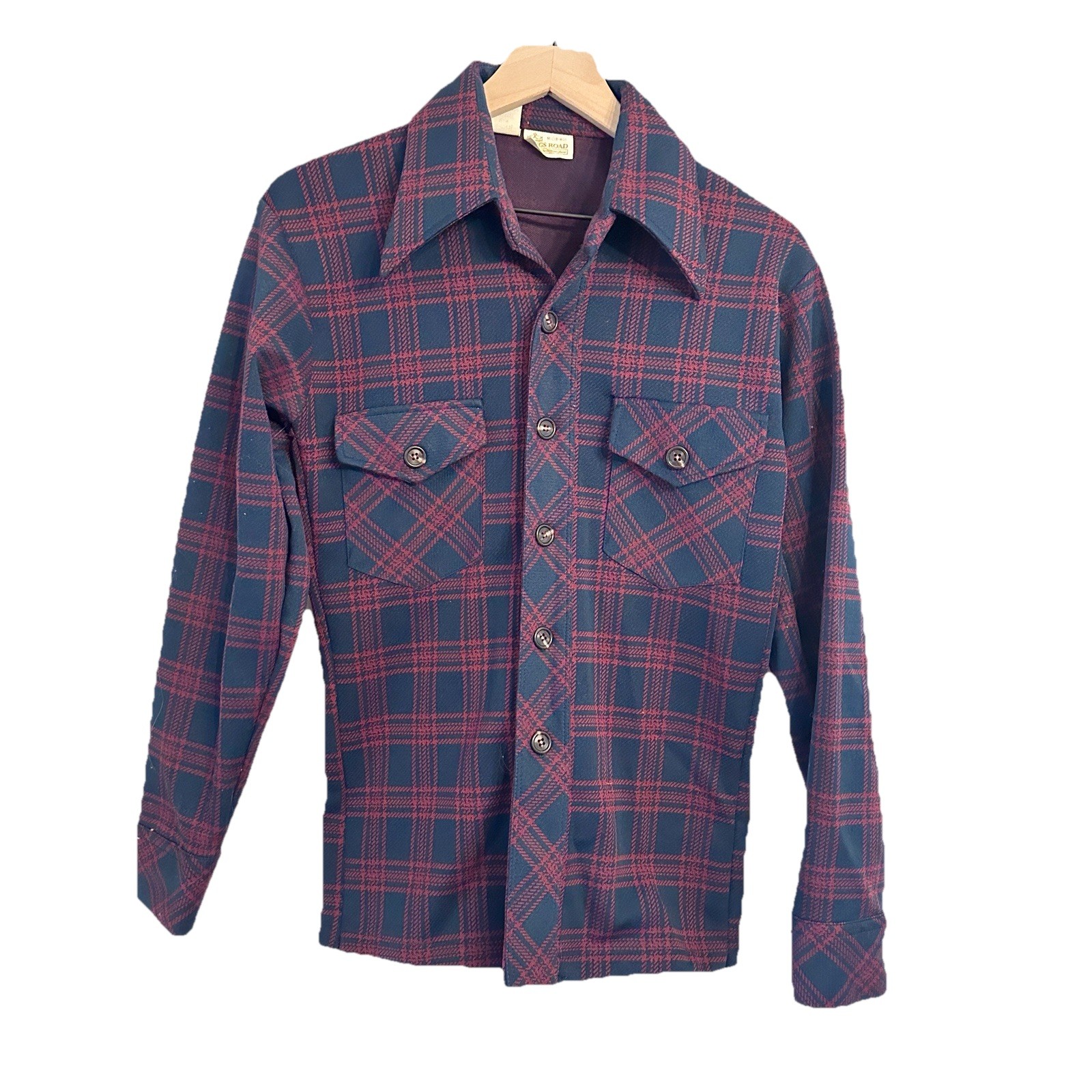 Vintage 60s 70s Sears Kings Road Shirt Mens S XS Polyester Button Down Plaid