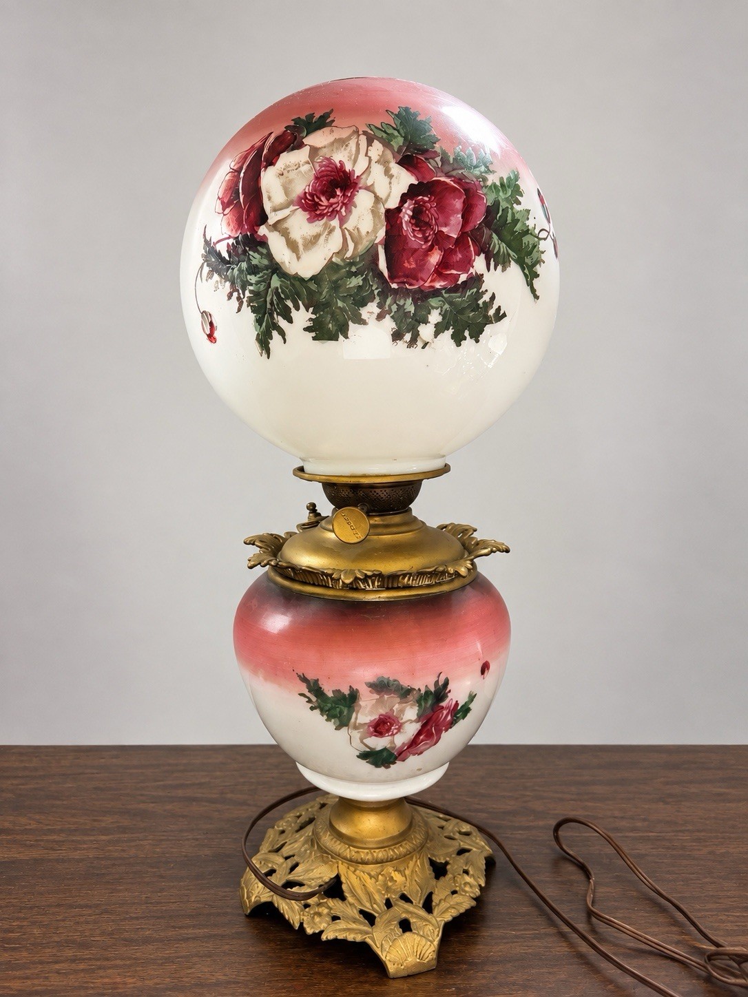 Antique Success Floral Glass Banquet Parlor Oil Lamp Electrified Victorian 1900c