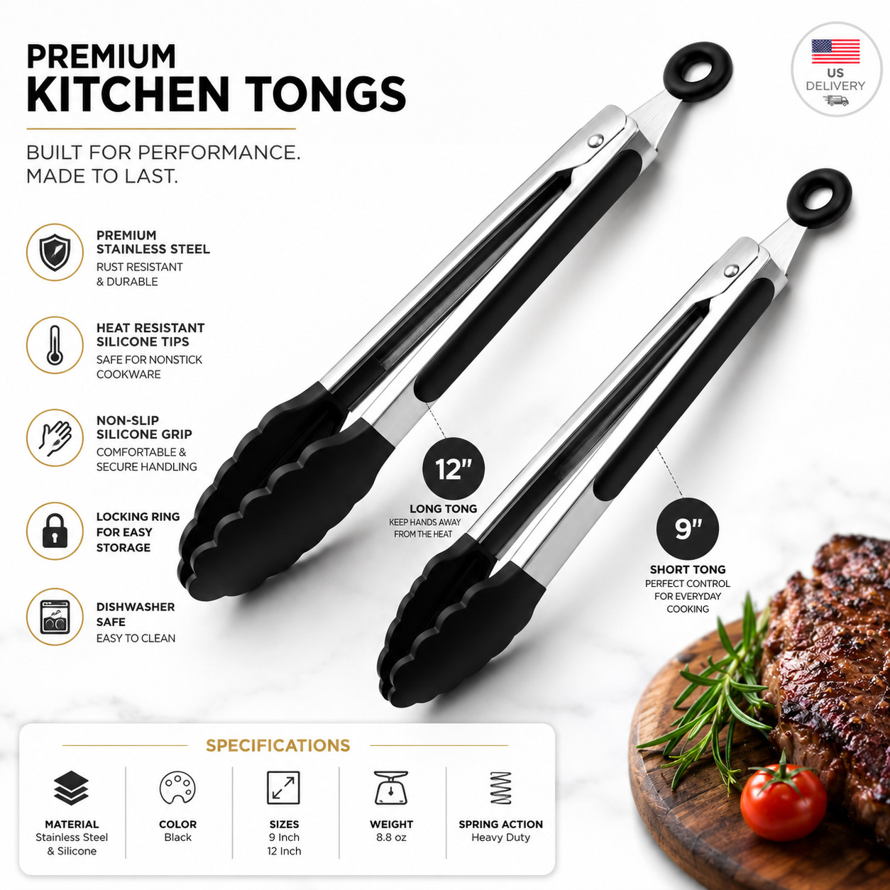 304 Stainless Steel Kitchen Tongs Set 2 Pack 9” & 12” BBQ Cooking
