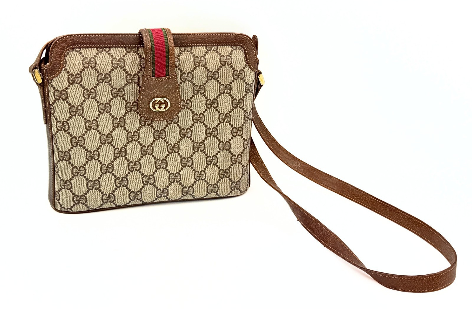Authentic Gucci GG Supreme Web Sherry Line Vintage Leather Canvas Crossbody