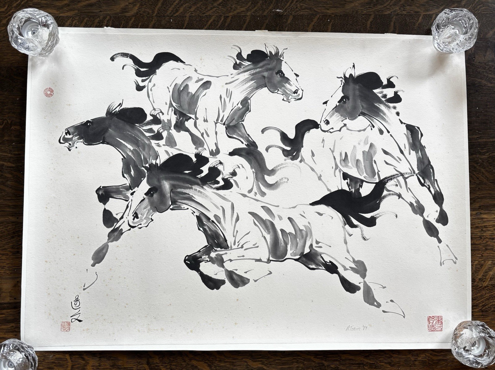 Marvin Teplitz ( 1926-2004 USA ) Japanese Style Sumi-e ink / Watercolor Horses