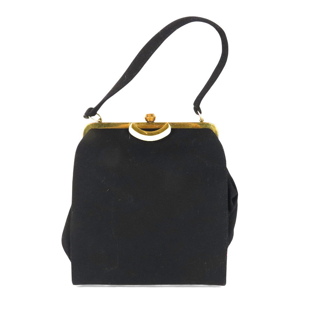 Vtg Ingber Black Wool FRAME TOP PURSE Bag Pearlized Brass Lever Clasp Satchel Vtg Ingber Black Wool FRAME TOP PURSE Bag Pearlized Brass Lever Clasp Satchel
