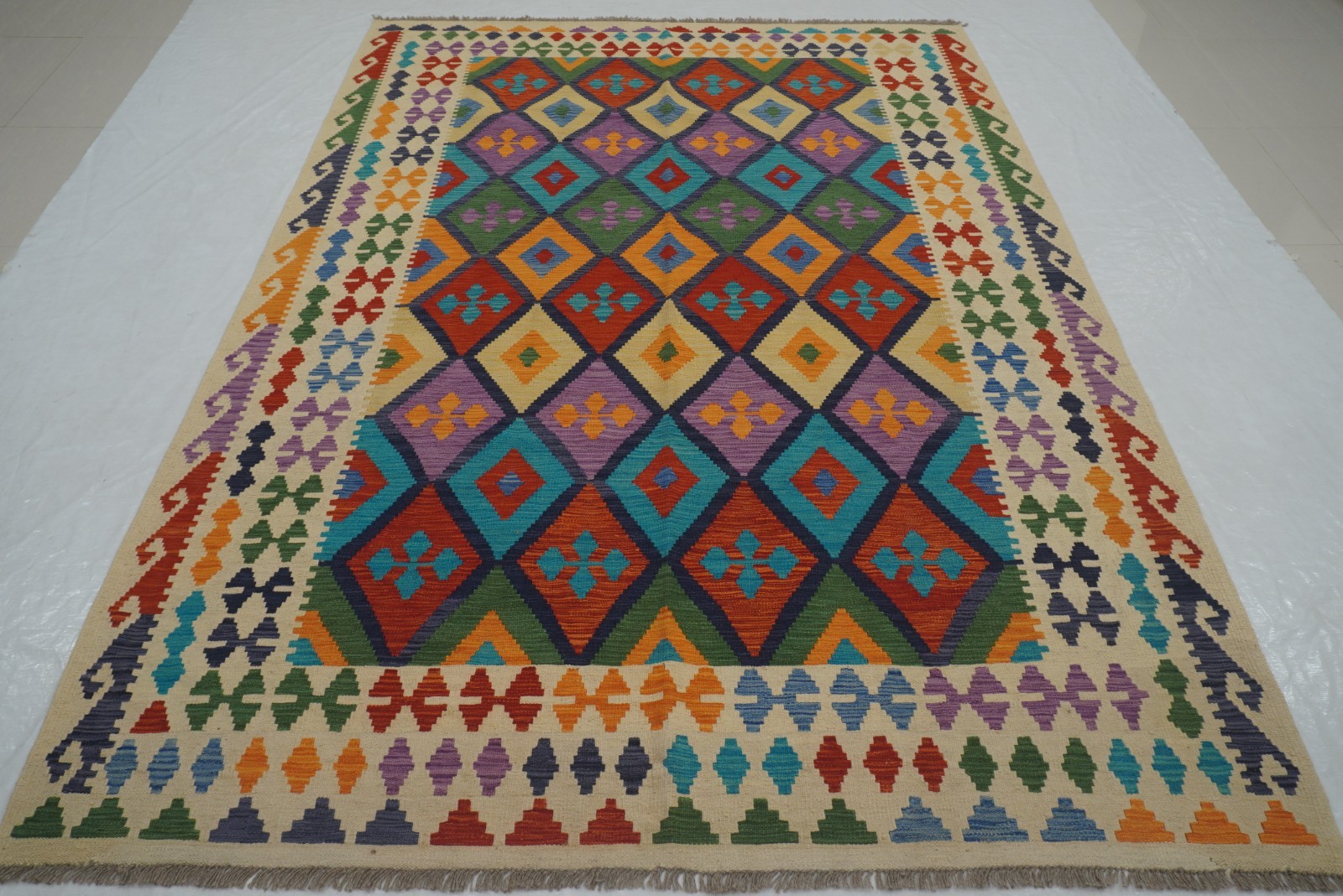 7x10 ft Blue Afghan Hand Woven Wool Reversible Kilim Rug 6\'7\ 7x10 ft Blue Afghan Hand Woven Wool Reversible Kilim Rug 6\'7\