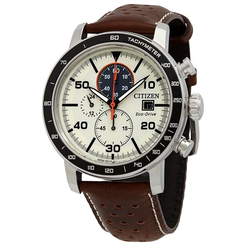 Citizen Brycen Men\'s Eco-Drive Ivory Chronograph Leather Watch - CA0649-06X NEW