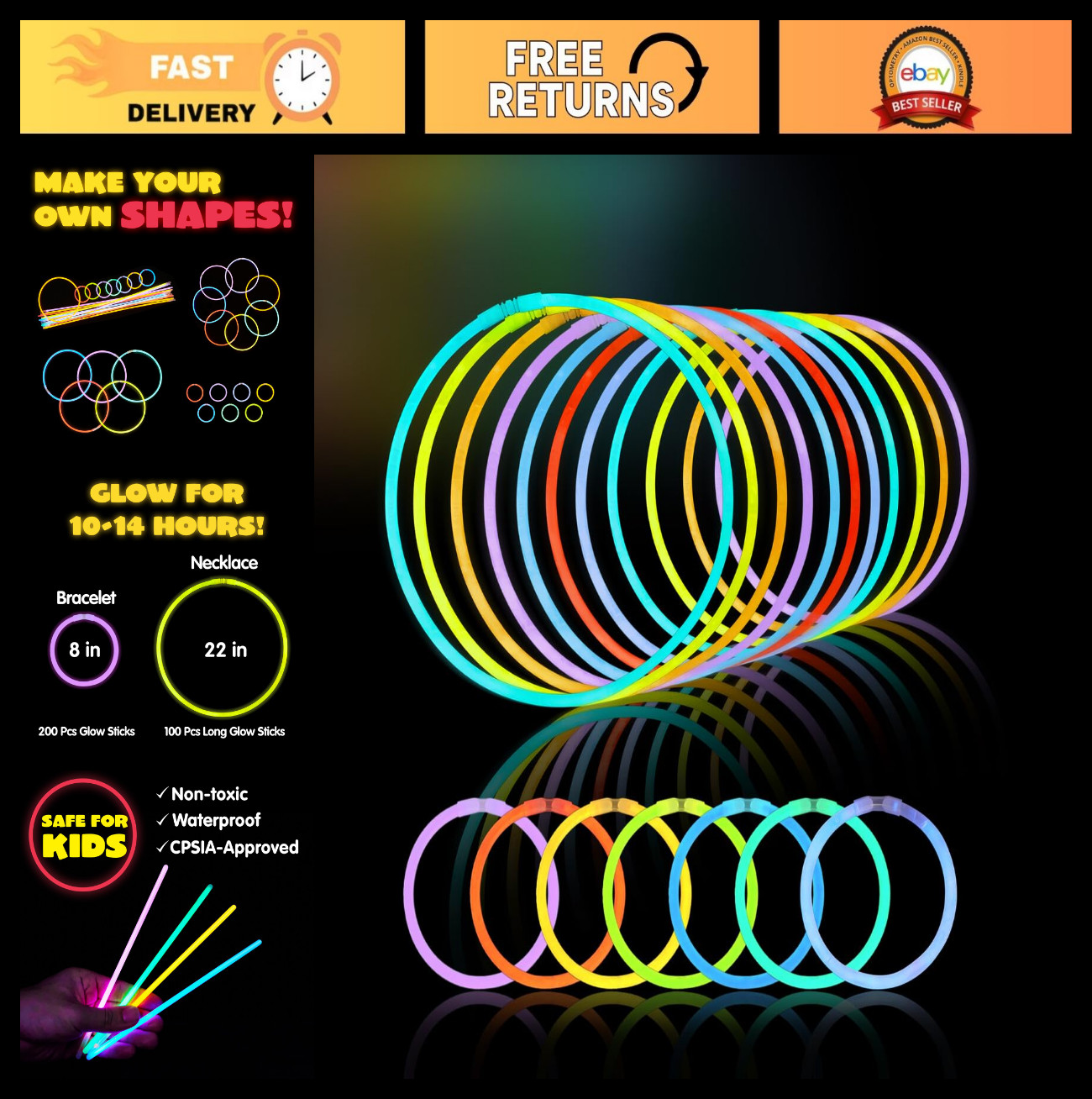 300 Pack Glow Sticks - 100 Necklaces & 200 8\ 300 Pack Glow Sticks - 100 Necklaces & 200 8\
