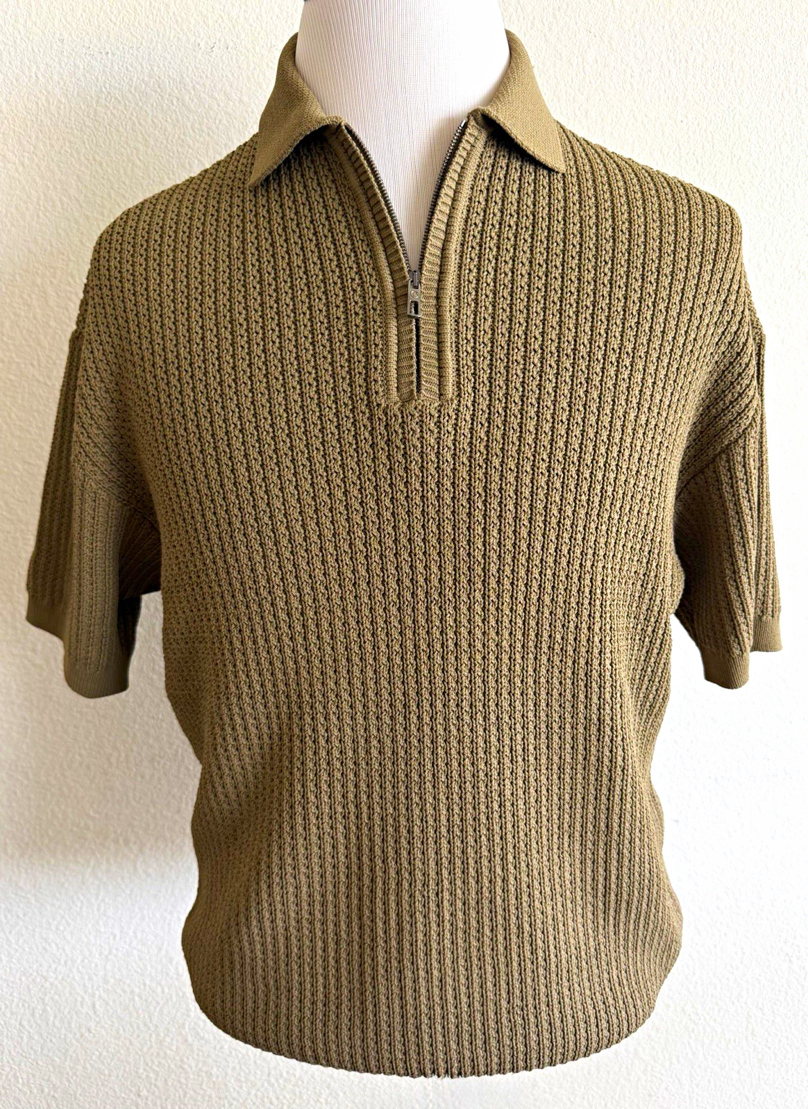 Giorgio Armani Beige Knit 1/4 Zip Collared Short Sleeve Sweater Size 52