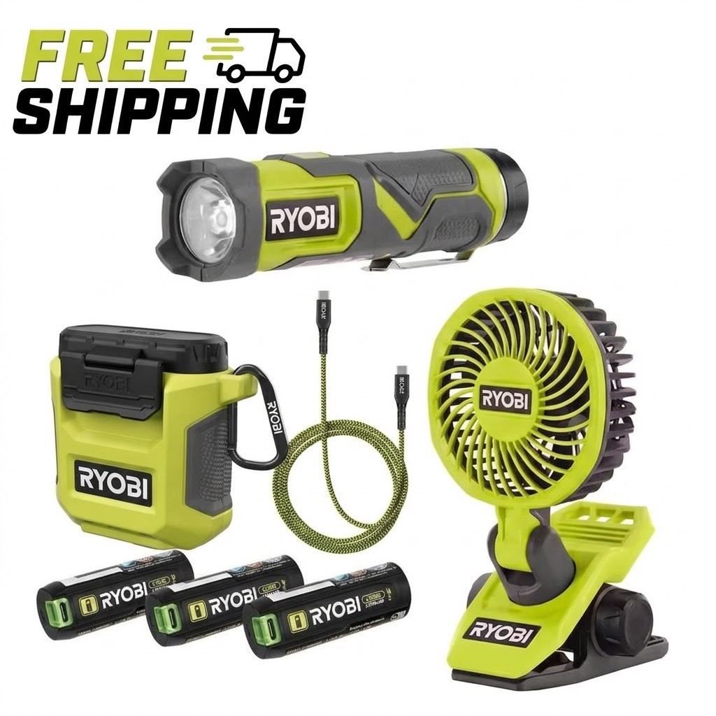 Ryobi Essentials Bundle (Compact light, 3-port charger/power pack, fan + gift🎁 Ryobi Essentials Bundle (Compact light, 3-port charger/power pack, fan + gift🎁