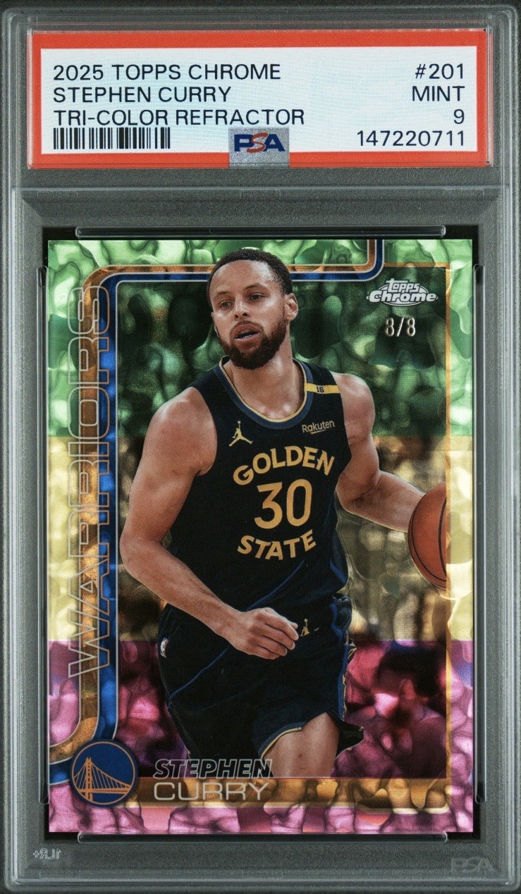2025-2026 Topps Chrome Stephen Curry Tri-color Refractor 8/8 PSA 9