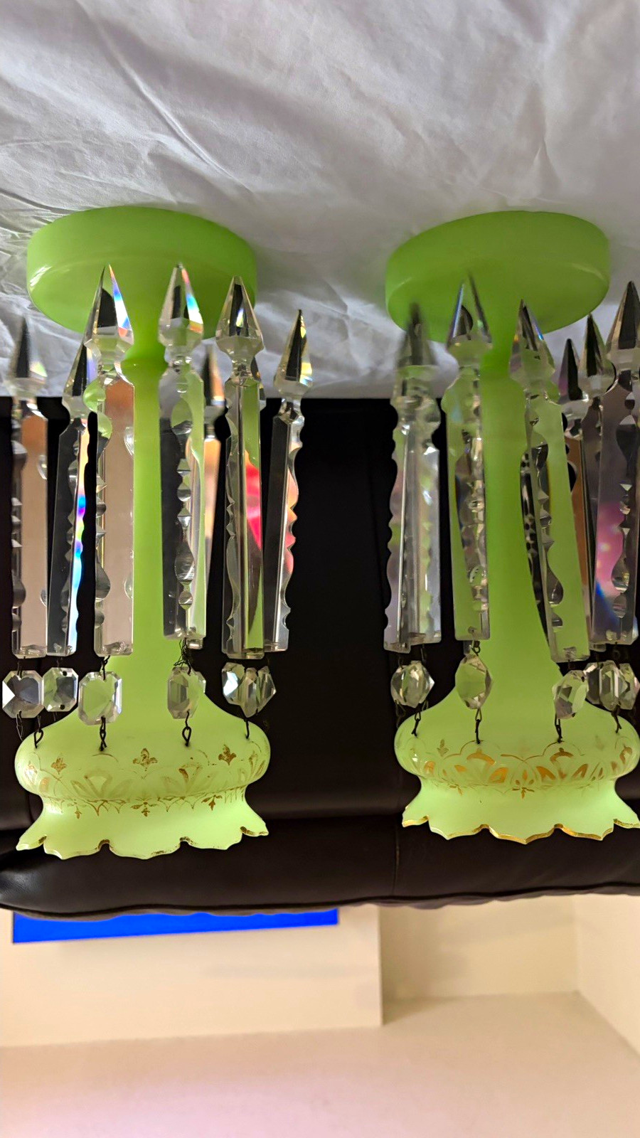 Antique pair (2) Green opalescence uranium glass Mantle Lusters Vaseline Antique pair (2) Green opalescence uranium glass Mantle Lusters Vaseline