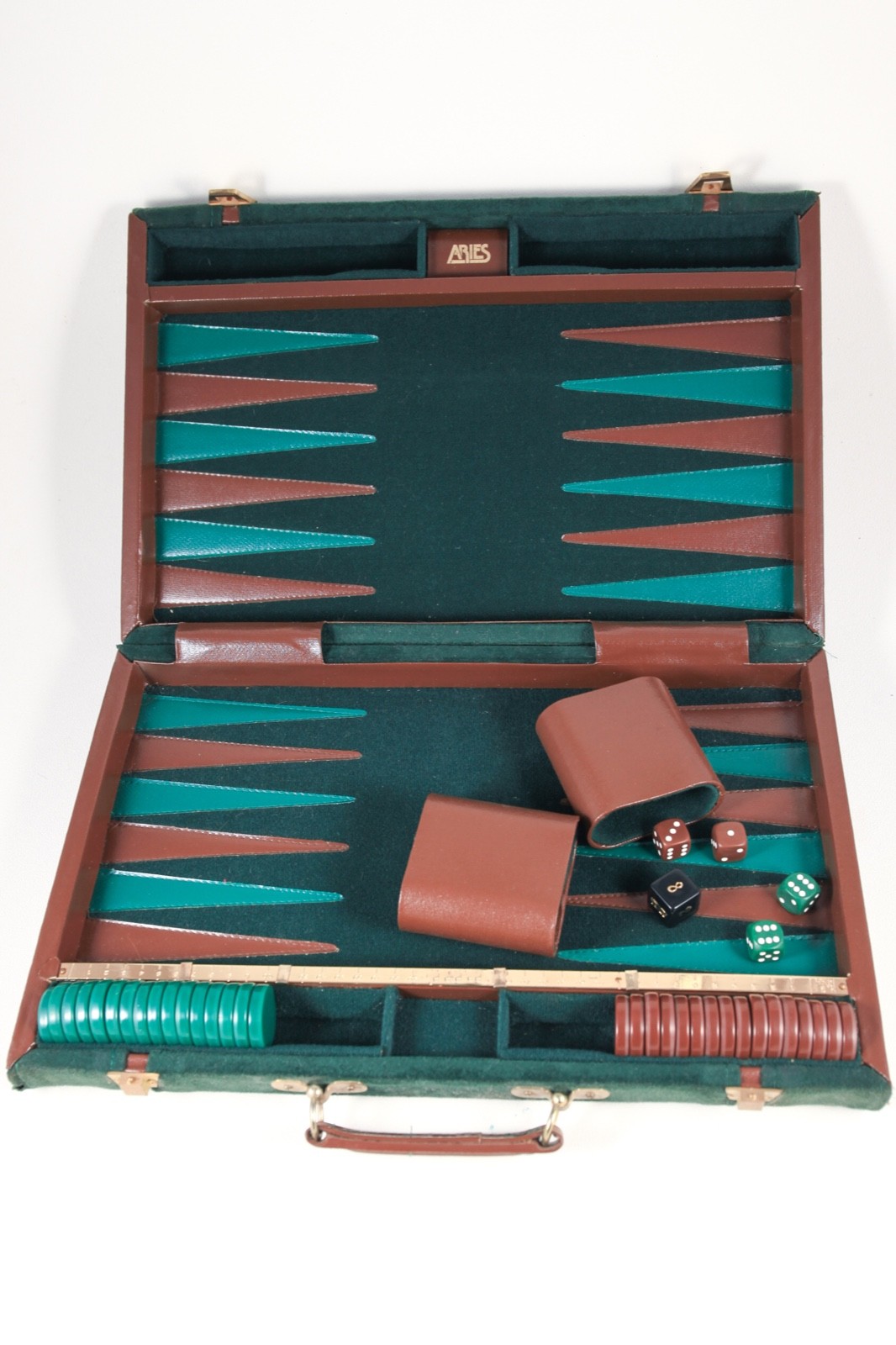 Vintage Aries of Beverly Hills Backgammon Set Green Brown Suede Case Complete