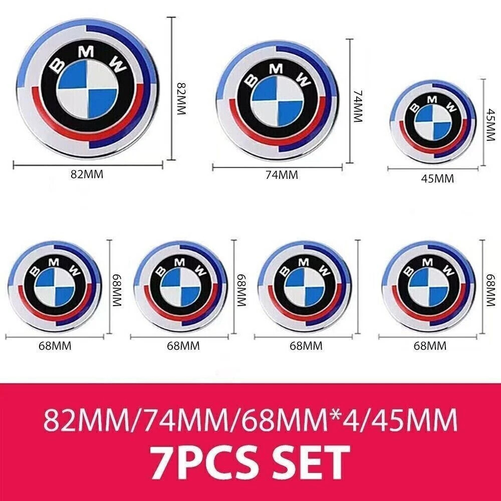 7PCS 82mm+74mm+68mm+45mm 50th Anniversary For BMW Centre Caps Badges Emblem-