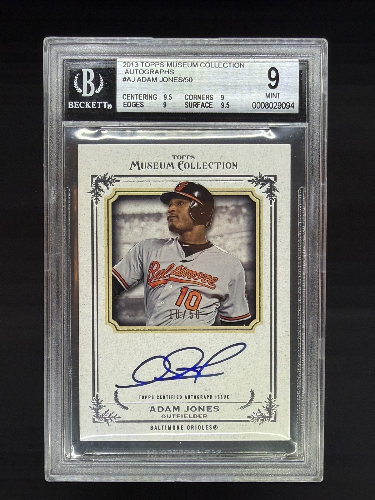 Adam Jones 10/50 Jersey # Match 2013 Topps Museum Collection Archival Auto BGS 9
