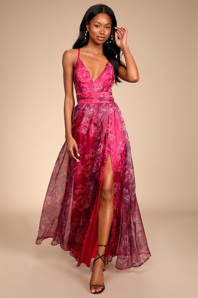 Lulus Romance That Wows Magenta Floral Print Organza Maxi Dress