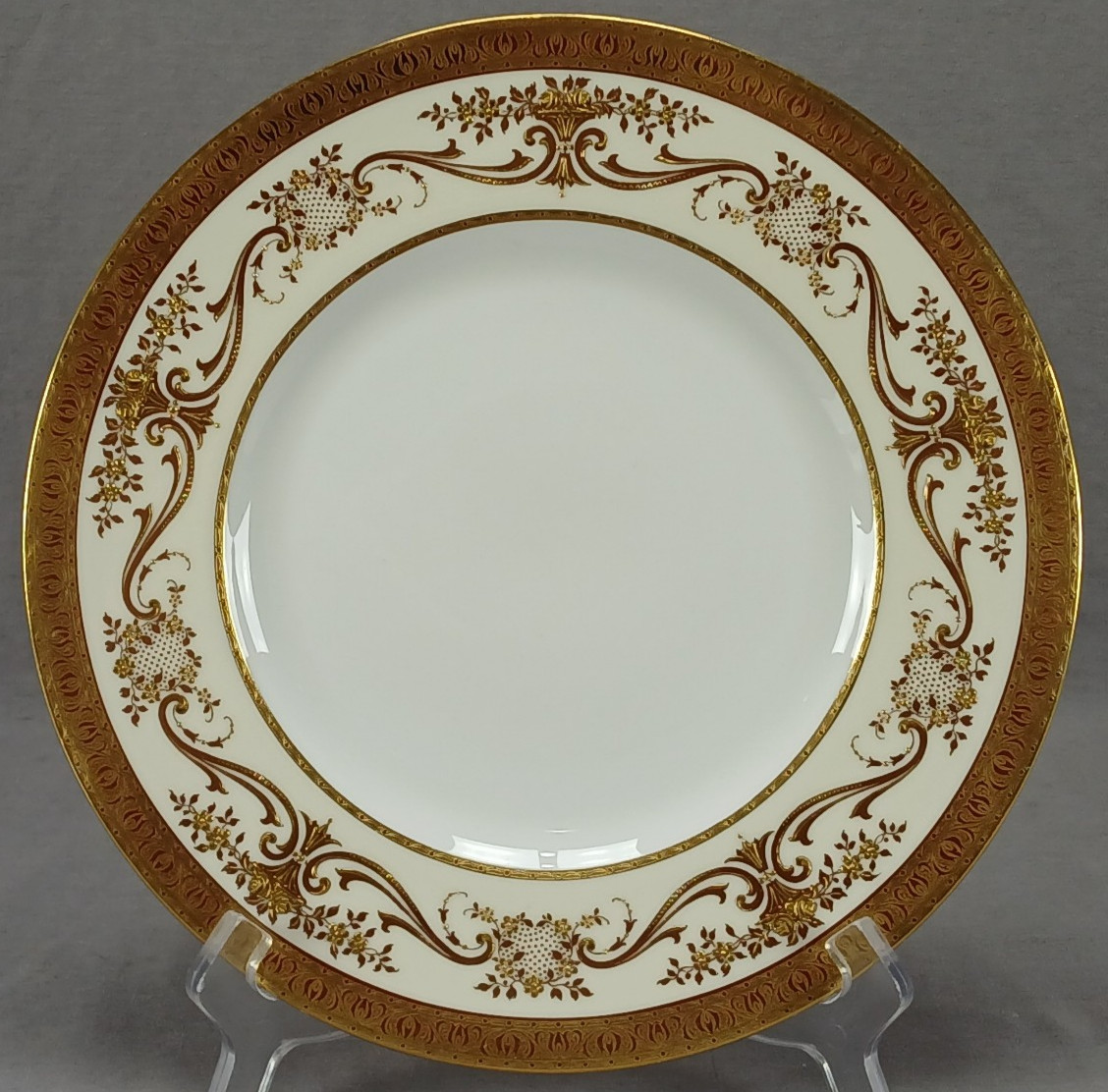 Minton Raised Gold Roses & Scrollwork White & Ivory 10 3/8 Inch Plate C. 1923 Minton Raised Gold Roses & Scrollwork White & Ivory 10 3/8 Inch Plate C. 1923