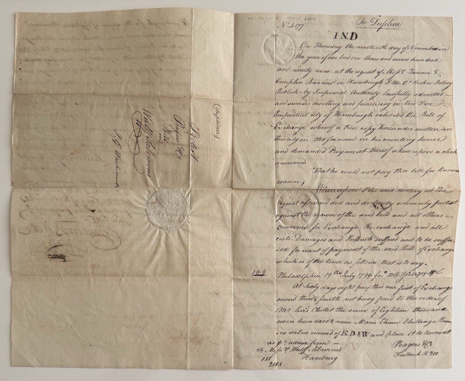 1799 Bill of Exchange Protest Hamburg Philadelphia Clement Biddle Signed