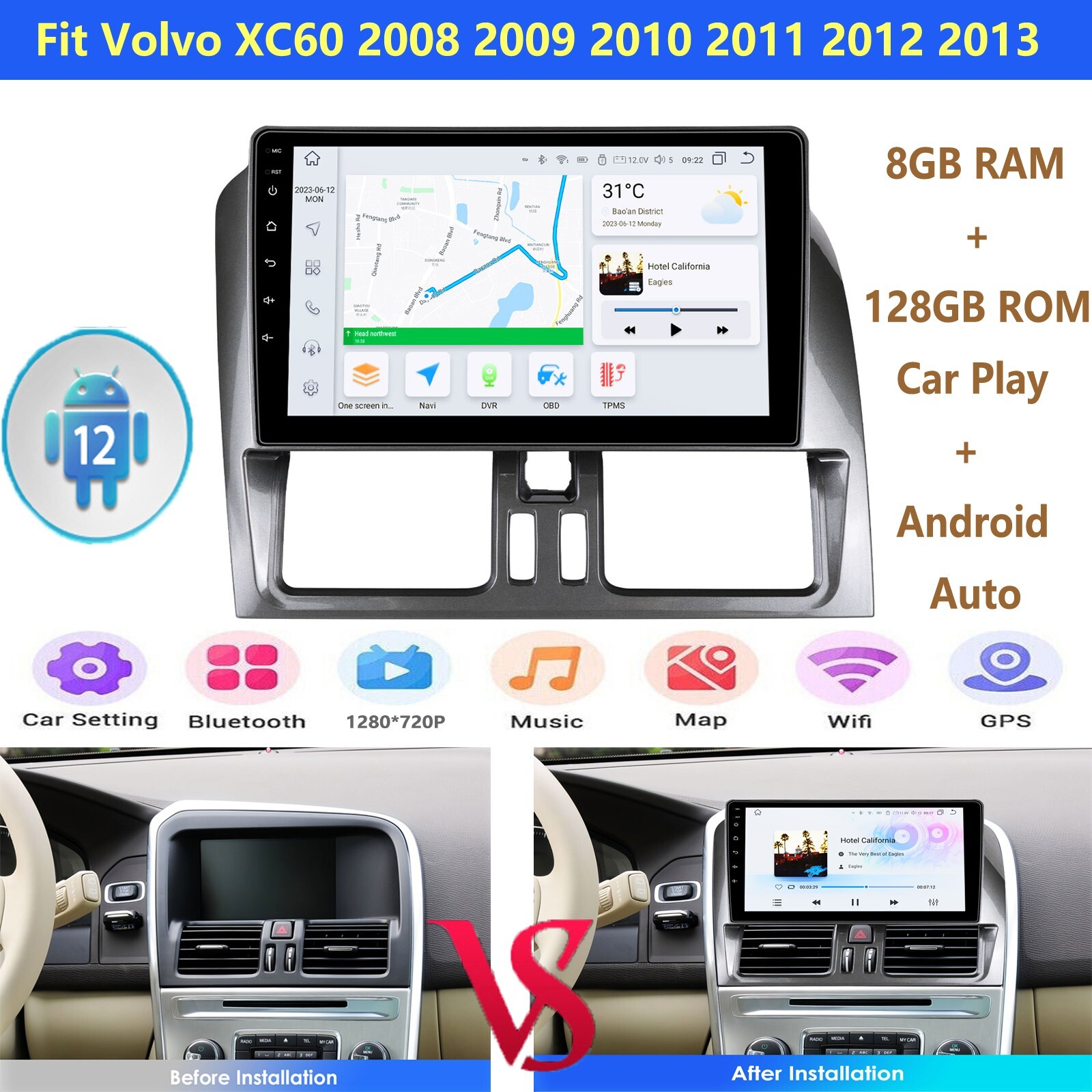 8+128GB Android 12 For Volvo XC60 2008-2013 Carplay Car Stereo GPS IPS BT Radio