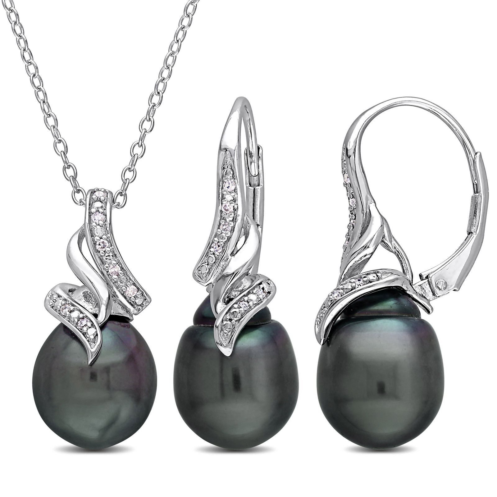 Amour Silver Black Tahitian Pearl & Diamond Drop Chic Pendant, Chain & Earrings