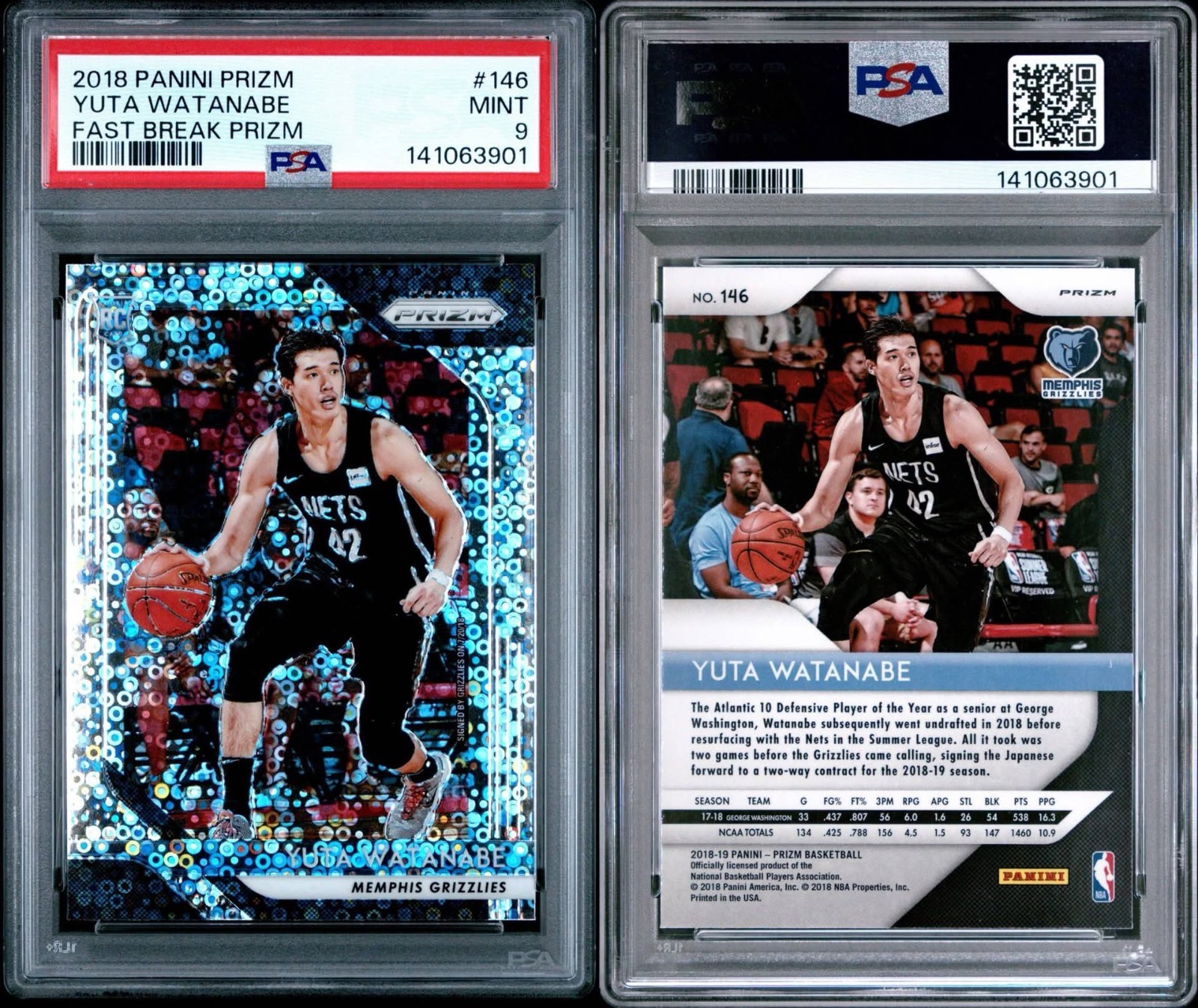 Yuta Watanabe RC, Fast Break Prizm #146 - 2018-19 Panini Prizm - PSA 9 MINT