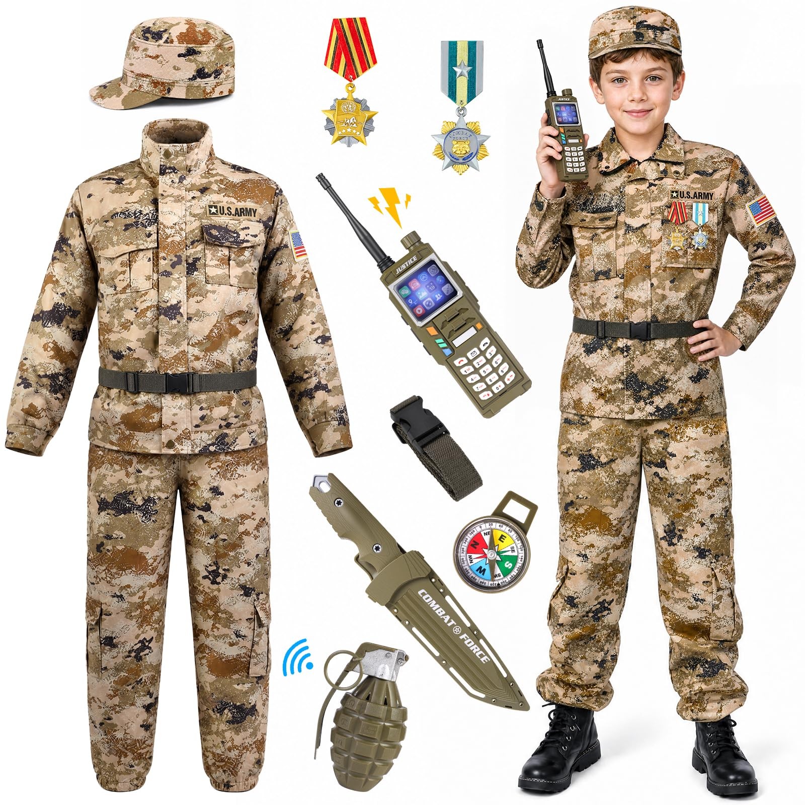 Metemot Army Costume for Boys, L(9-11y Ht.50-57in), Khaki Camo 10pcs Kit Metemot Army Costume for Boys, L(9-11y Ht.50-57in), Khaki Camo 10pcs Kit