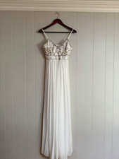 Sue Wong White Chiffon V-Neck Full-Length Empire Wedding Dress Beaded Lace Sz 2 picture