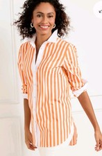 Talbots Womens Sz L Orange White Striped Coastal Cotton Casual Button-Up Shirt picture