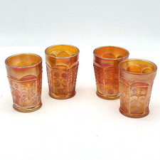 4 Vintage Antique Fenton Tumblers Golden Carnival Glass Water Lilly & Cattails picture