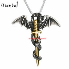 MENDEL Gothic Mens Dragon Skull Cross Pendant Necklace Stainless Steel Jewelry picture