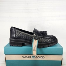TOMS Cara Loafers Women Size 9.5 Black Woven Leather Tassel Lug Sole Shoes picture