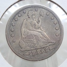 1853-P RAYS/ARROWS US Seated Liberty Quarter Silver Coin -F (Fine) picture