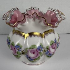 VTG Fenton Peach Crest Charleton Rose Ruffled Melon Vase Handpainted Cottagecore picture