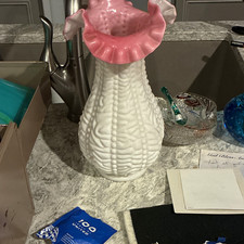 Fenton Milk Unmarked White Pink Ruffled Rim Glass Vase Decorative Ruffle Pattern picture