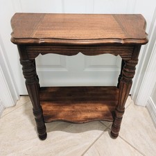 Vintage Two-Tier Scalloped Wood Console Side Table Inlaid Top Turned Legs 23