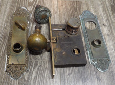 Antique 1890's Victorian Chicago Hardware Brass Doorknob Set Knobs Backplates picture
