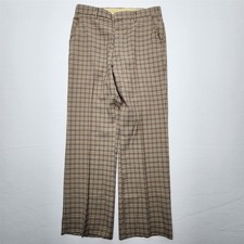 Vtg H.I.S 34x32 Brown Plaid Bell Bottom Flare Disco Hippie Poly Twill Trousers picture