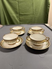 4 ANTIQUE JEAN POUYAT LIMOGES CONSOMMÉ SETS  DOUBLE HANDLE 24K GOLD DECOR FRANCE picture