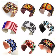 Native Style Handmade Beaded Hard Multi-color Cuff Bracelet Genuine Leather 1.5  picture