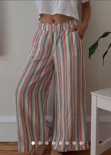 NWOT LOFT Linen Blend Colorful Rainbow Striped Pants Large L Wide Leg Pockets 16 picture