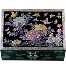 Mother of Pearl Black Lacquer Jewelry Box Vintage Korean Jewelry Organizer picture