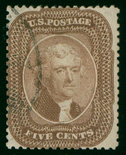 US Scott 29, 5 Cent Brown, Used, Fine-Very Fine, Type I, HR, SCV $325.00 picture