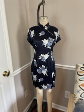 90s Vintage Satin Floral Dress Mandarin Collar Chongsam Navy 11/12 Rockabilly picture