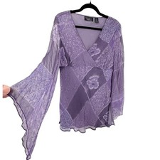 vtg y2k 90s Silk babydoll top Womens M Fairycore Whimsigoth Purple bell sleeve picture