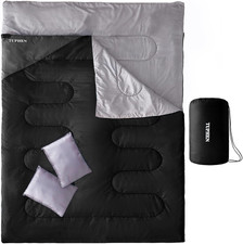 Double Sleeping Bag 2 Person 2 Pillows Queen Size XL Waterproof Black Gray picture