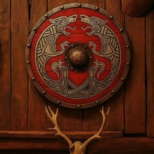 Handcrafted Red Viking Shield: Norse Wolf Design, Medieval Decor picture