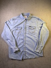 Wrangler Denim Pearl Snap Shirt Men M Cowboy Western Retro Light Blue  picture