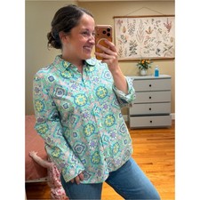 Talbots Cotton Colorful Medallion Print Button-Up Shirt - Mint/Pastel Large picture