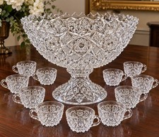Antique 1880s American Brilliant Cut Crystal Punch Bowl Set 11 Cups Pedestal picture