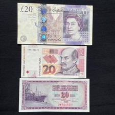 UK, Croatia Old Banknotes Set, 20 GBP, 20 HRK, Rare, Unusable, 2007, 1993 picture