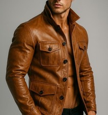 Handmade Cognac Sheep Leather Field Jacket Men's Safari Style Outerwear picture