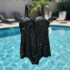 Torrid Swim Dress Black One Piece Underwire 2 D/DD Rainbow Foil Star NWT picture