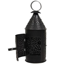 New PRIMITIVE Early Style PUNCHED TIN BLACK LANTERN CANDLE HOLDER LAMP 14